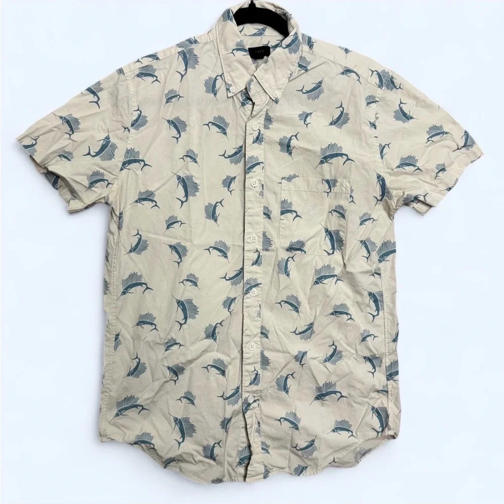 J.Crew Sailfish‎ Print Button Down Shirt Mens Sz S Cotton Short Sleeve Coastal